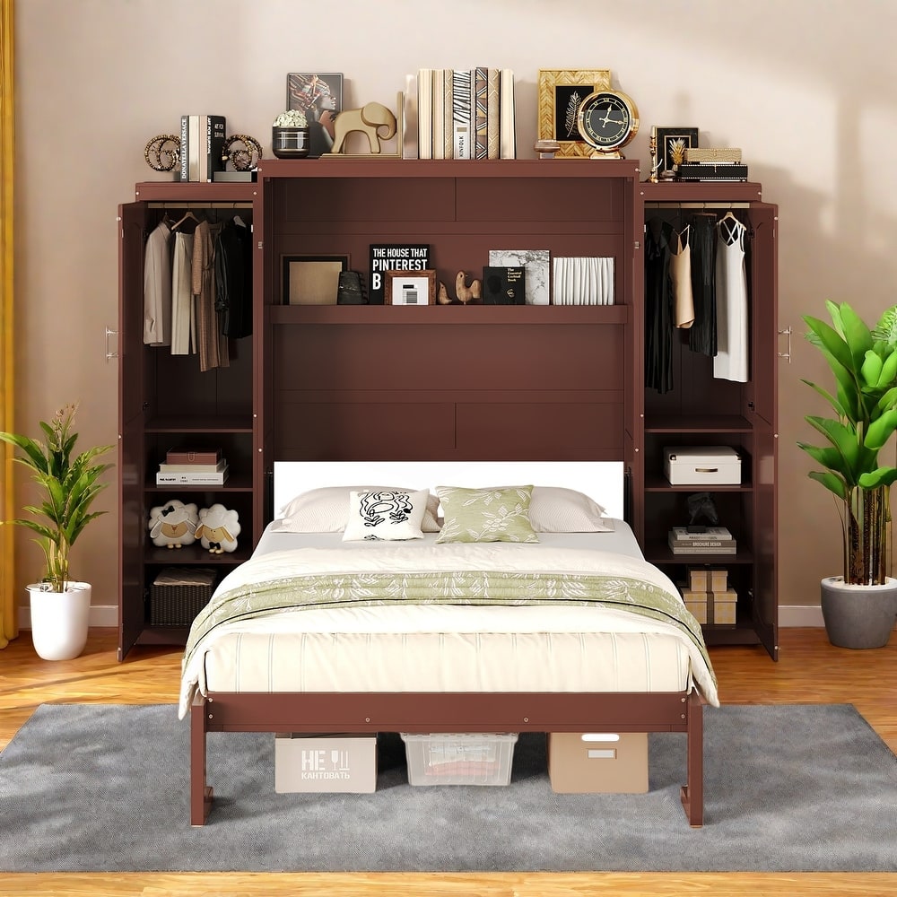 Full Size Murphy Bed with 2 Wardrobes and Shelves,Solid Wood Construction, Fold-Down Design