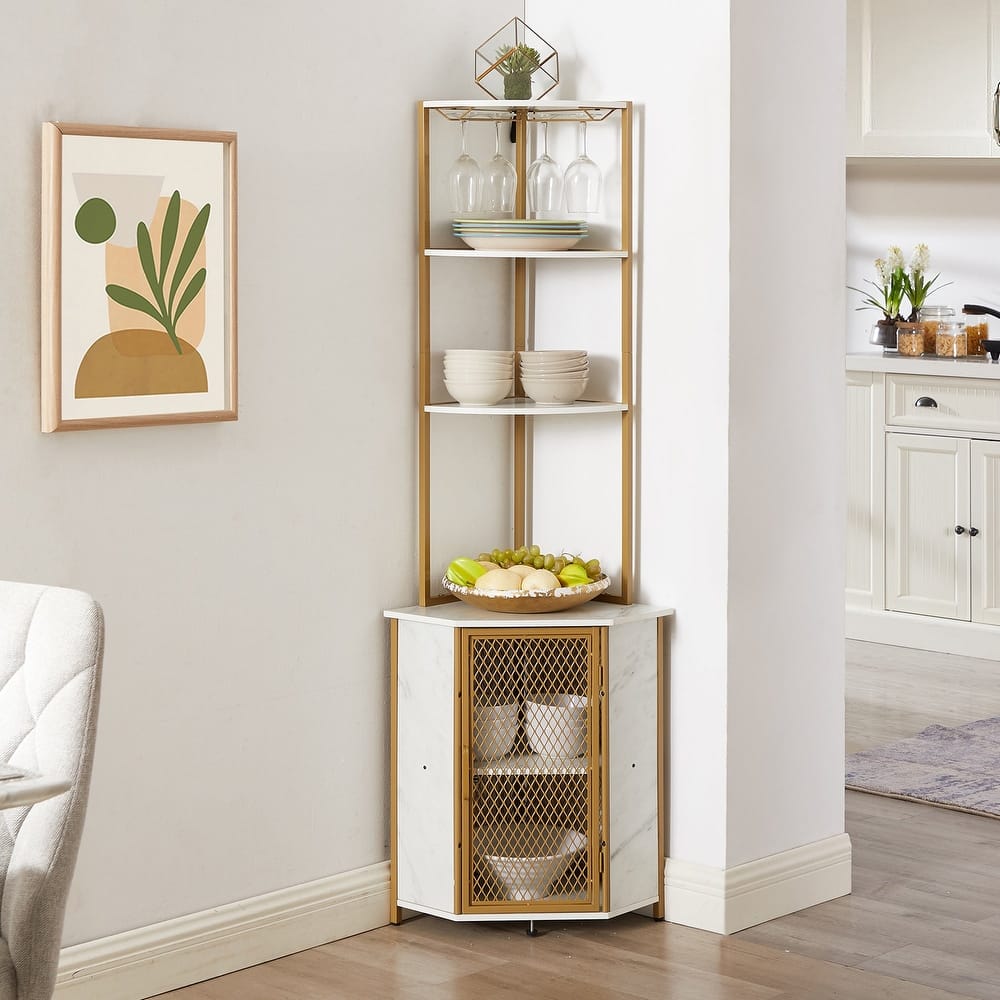 VECELO 5-Tier Triangle Corner Bookcase Tall Storage Shelf with Cabinet Doors & Hooks for Living Room Kitchen Office