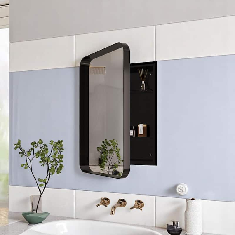 Metal Framed Medicine Cabinet 16"x24" with Mirror and Tempered Glass Shelves, Recessed or Wall Mount