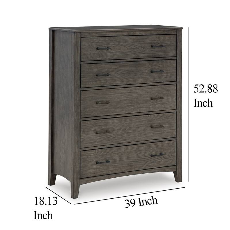Illian Tall Dresser Chest, 5 Large Drawers, Gray Brown Solid Hardwood