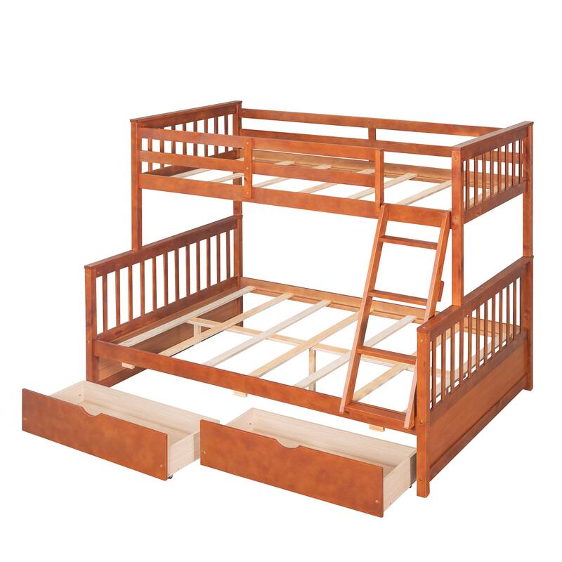 Twin-Over-Full Bunk Bed with Ladders and Two Storage Drawers in Walnut