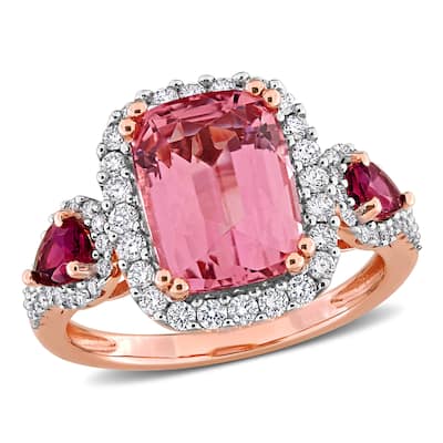 Miadora 4 3/5ct TGW Cushion-Cut Pink Tourmaline 3/5ct TDW Diamond Cocktail Ring in 14k Rose Gold