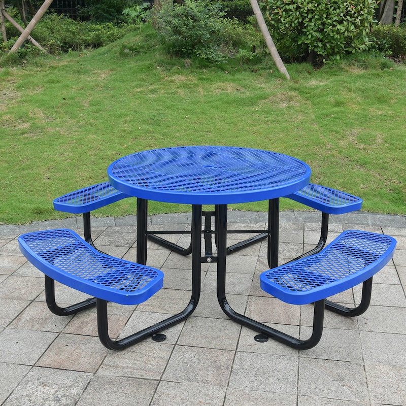 46" Round Outdoor Steel Picnic Table in Blue with Umbrella Hole