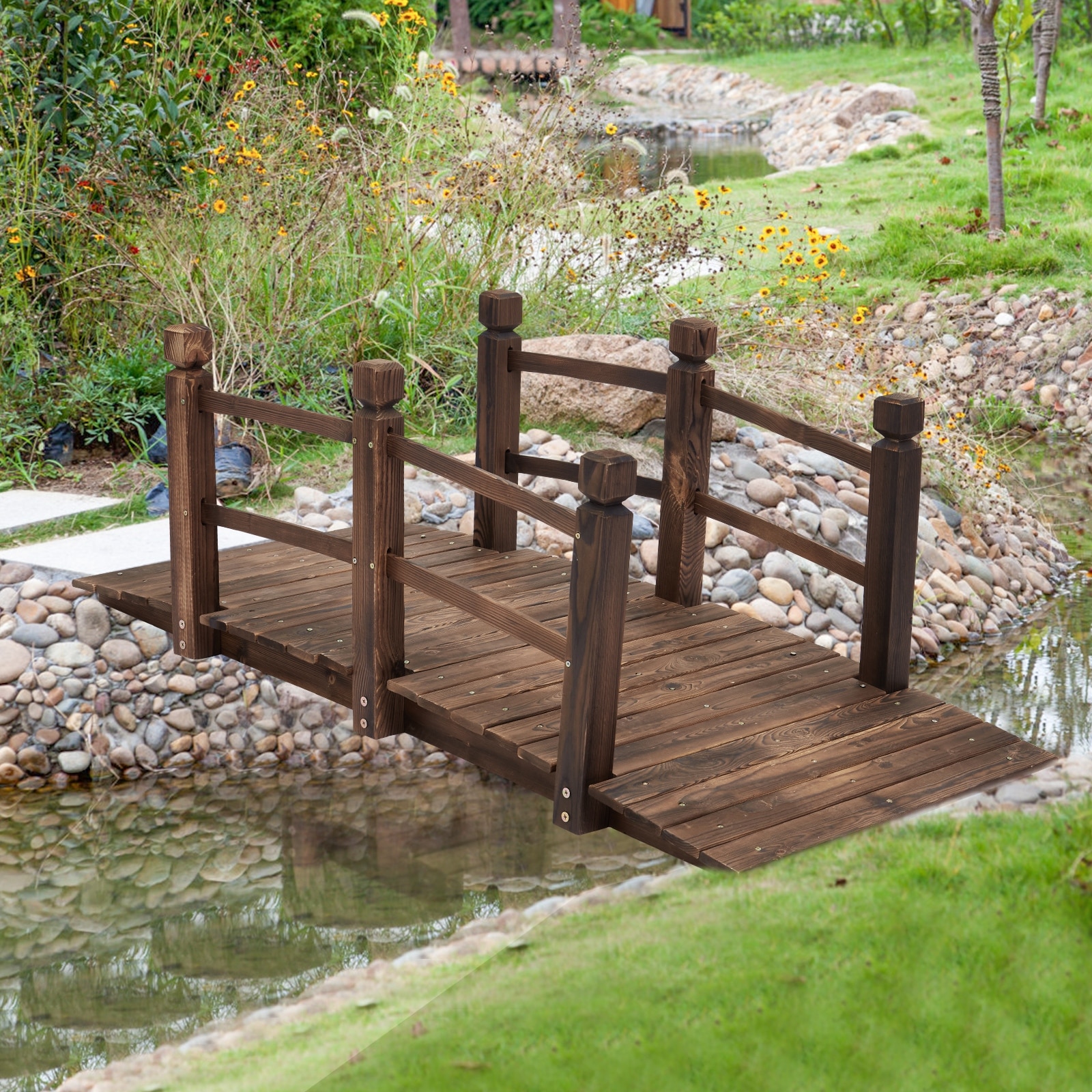 Wooden Garden Bridge Lawn Décor Stained Finish Arc Outdoor Pond Walkway 