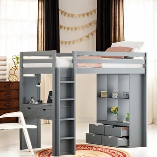 Versatility Galore Solid Wood+Mdf Twin Size Bunk Bed with Large Shelves, Writing Desk and Led Light