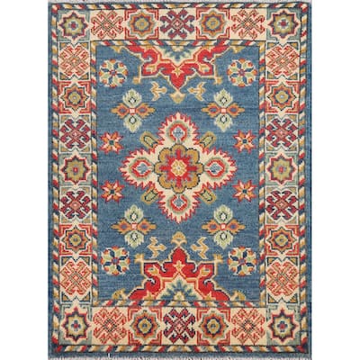 Blue Geometric Kazak Oriental Foyer Rug Handmade Wool Carpet - 2'0" x 3'0"