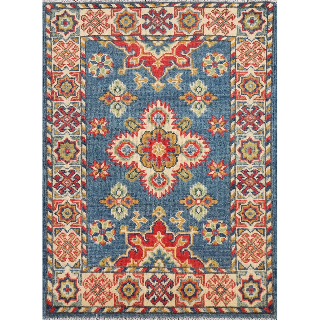 Blue Geometric Kazak Oriental Foyer Rug Handmade Wool Carpet - 2'0" x 3'0"