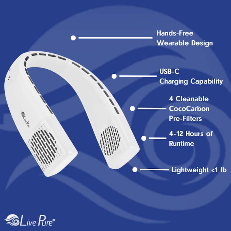 LivePure Neck Fan, Hands Free Portable Fan for Travel and Outdoors. Rechargeable Wearable Personal Fan.