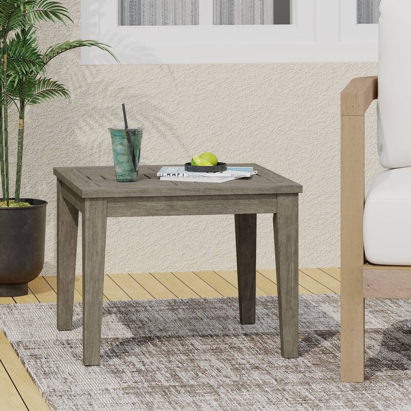 Acacia Wood Hampton Side Table 20 Inch Square Grey Outdoor Patio End Table Transitional Style