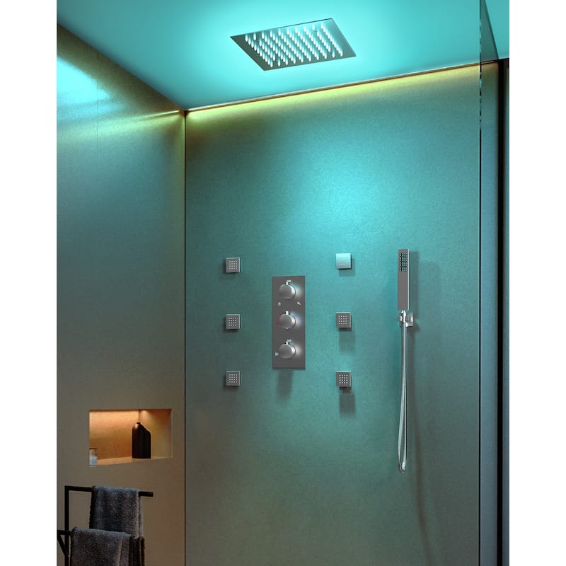 GRANDJOY Shower System 12 inch Ceiling Mount Rainfall Shower Head Body Jets Handheld Spray Combo 64 Colors LED