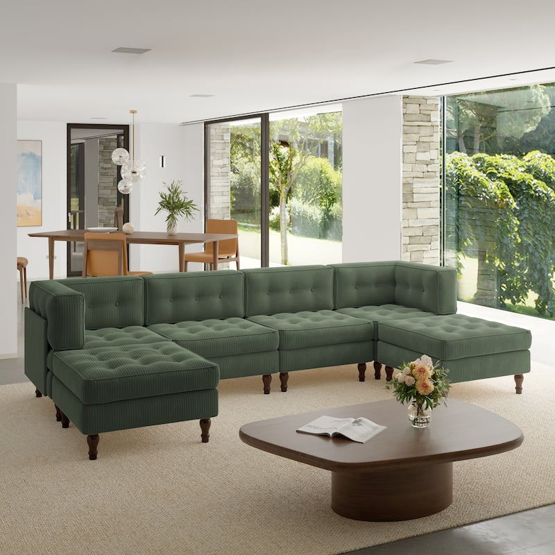 Oversized Modular Sectional Corduroy Fabric Tufted Sofa - Green-6 peice - Symmetrical
