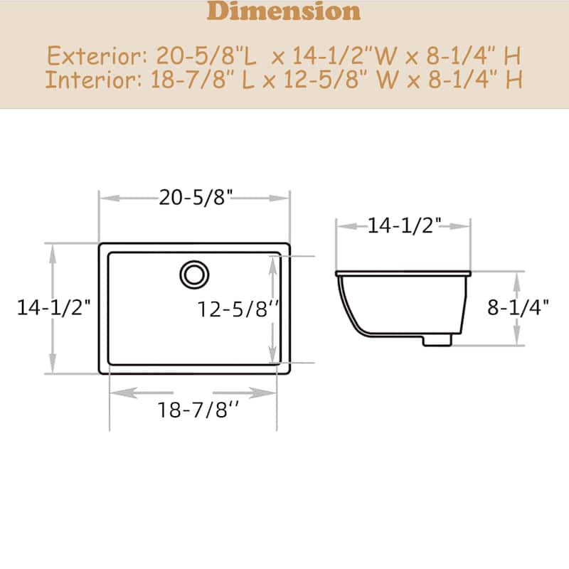 CB HOME 20'' x 14'' Undermount Bathroom Vanity Sink, Rectangle White Ceramic Bathroom Sink-(20-5/8''x14-1/2''x8-1/4'')