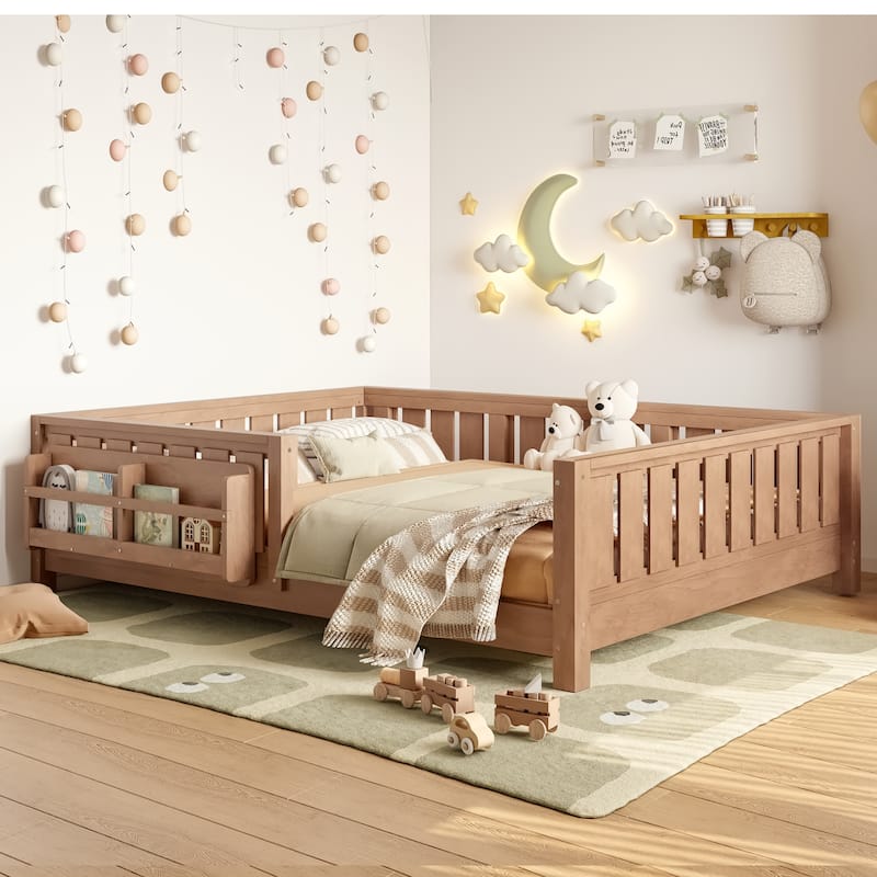 Low Profile Montessori Bed Floor Platform Bed with Fence and Bookshelf