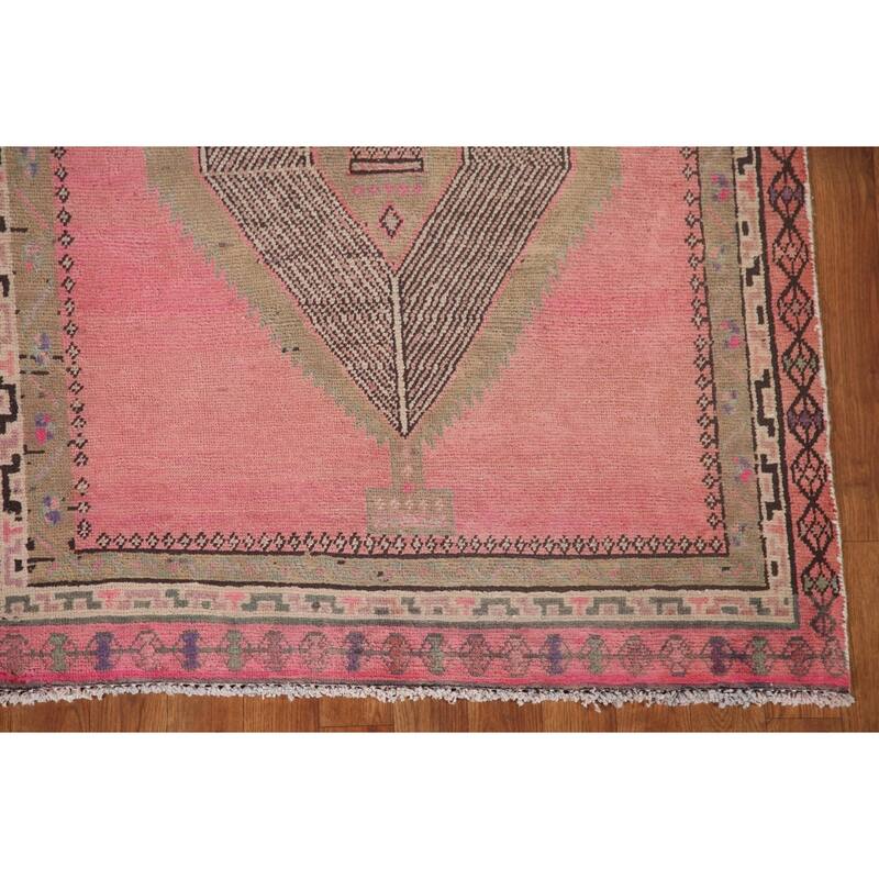 Pink Geometric Sirjan Persian Runner Rug Vintage Handmade Wool Carpet - 3'4" x 12'3"