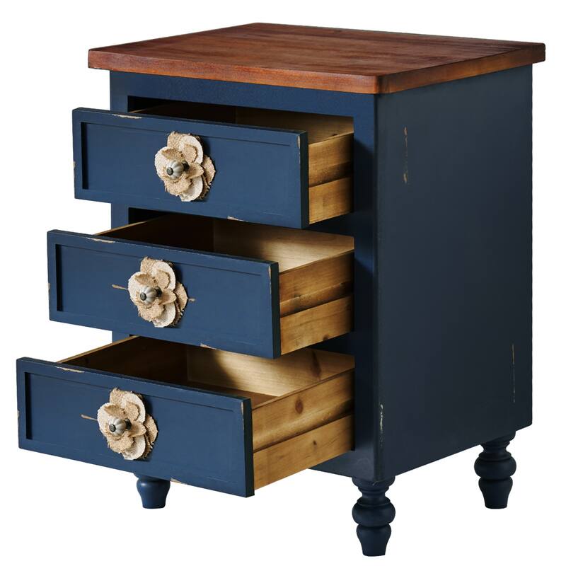 Vintage Farmhouse End Table with Floral Knobs -19"Rustic Nightstand with 3 Drawers Gourd Legs,Bedside or Sofa Accent Table