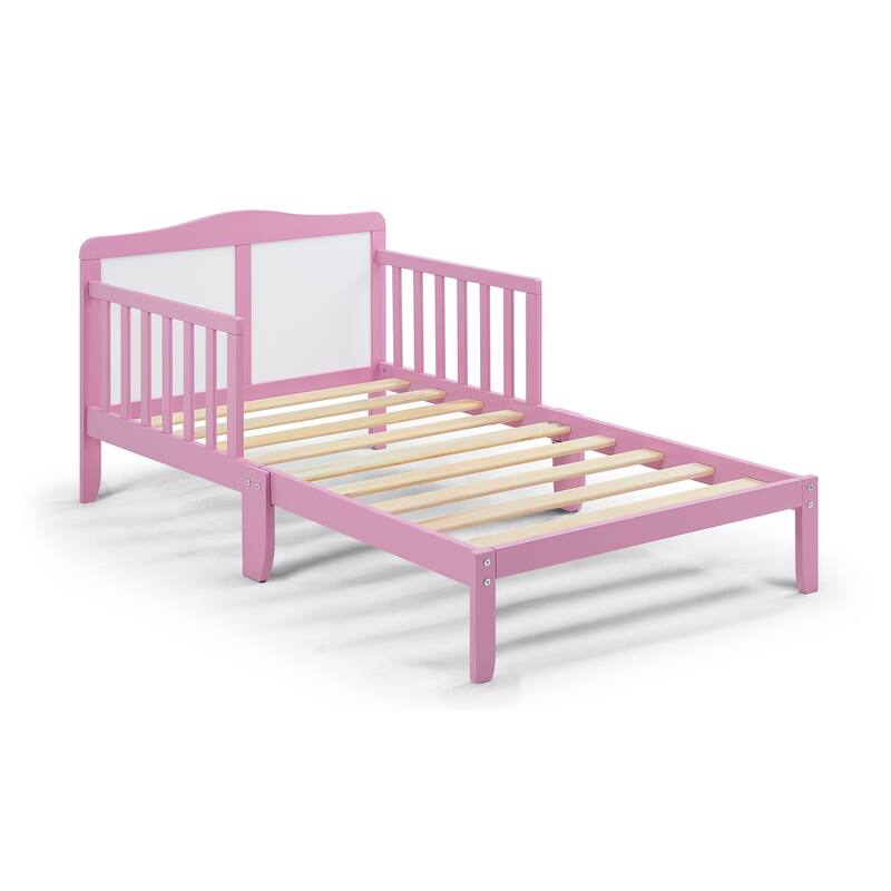 Birdie Toddler Bed in Dark Pink/White with Solid Wood Frame, Low Profile Footboard & Dual Safety Rails