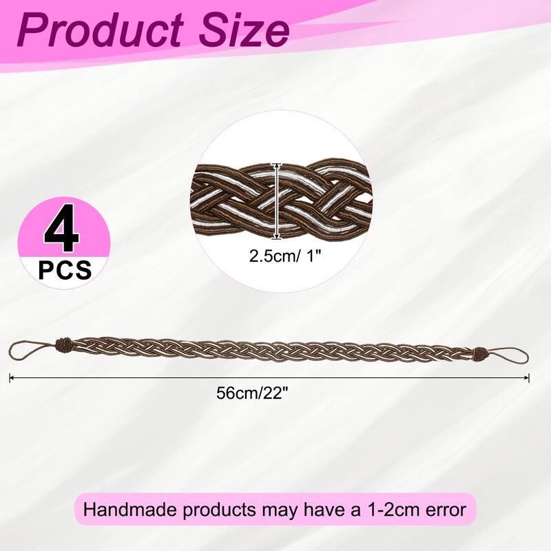 4 Pcs Curtain Tiebacks, Braided Drapery Holdback - Dark Brown - 58cm/23"