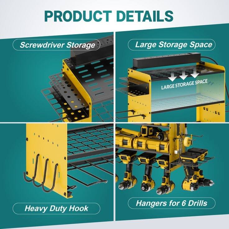 Sttoraboks Modular Power Tool Organizer, Wall Mount Garage 4 Drill Shelf Rack with hooks, 8 Outlet Power Strip