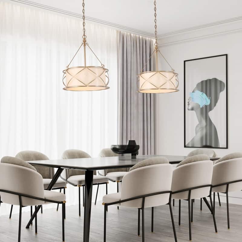 Modern Farmhouse 3-light Gold Chandelier Classic Drum Lantern Metal Ceiling Light with Fabric Shade - D15.5"x H 80"
