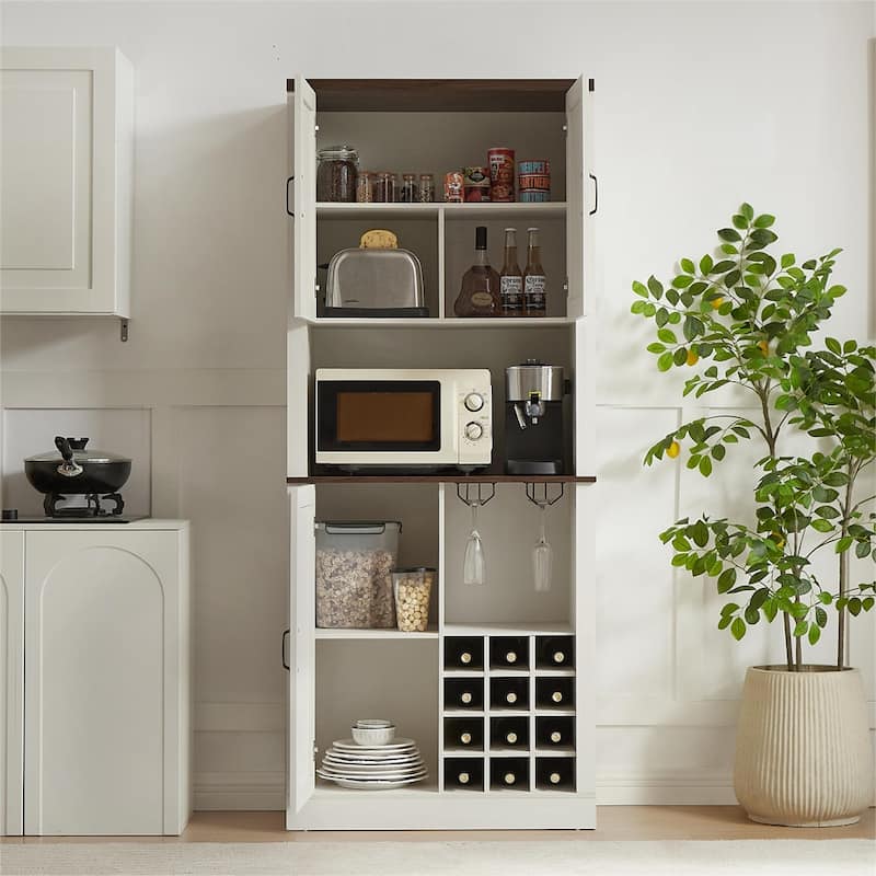 Kitchen Storage Cabinet with Wine Compartments and Microwave Shelves