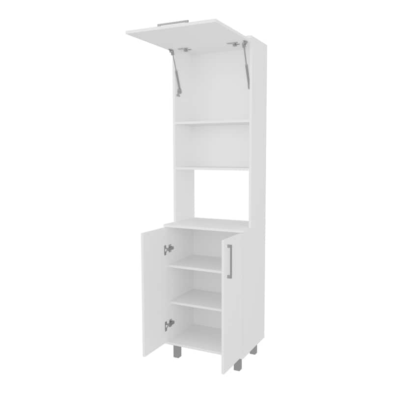 Kayenta Kitchen Pantry with 2 Pneumatic Door, Open Storage, and Bottom Cabinet, White.