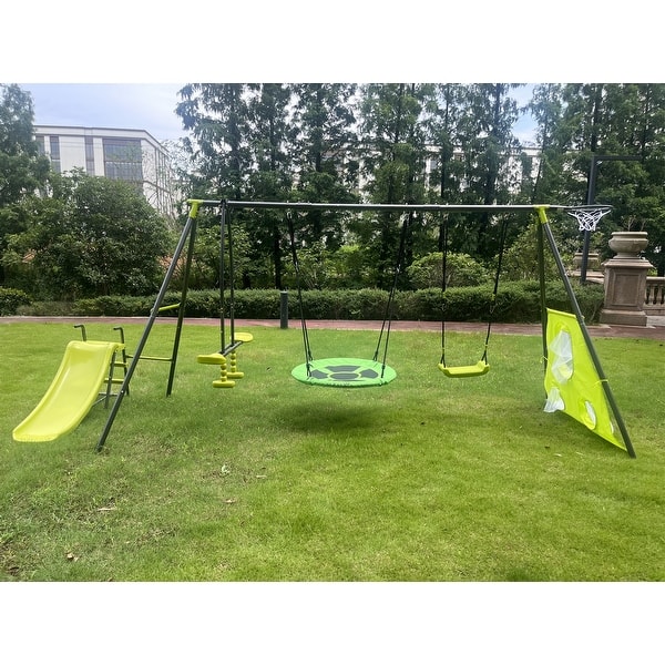 slide 2 of 5, Green And Blue Interesting Six Function Swing set Green