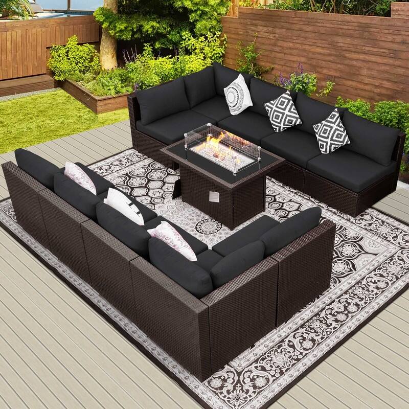 FINCATI Outdoor Wicker Patio Furniture Conversation Sectional Sofa Set - 11 PCS - Dark Grey