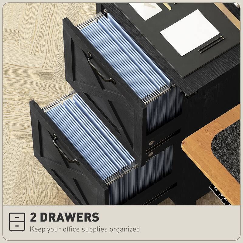 HOMCOM 2 Drawer Vertical File Cabinet with Silent Slides,Farmhouse Filing Cabinet with Barn Doors for A4/Letter Size