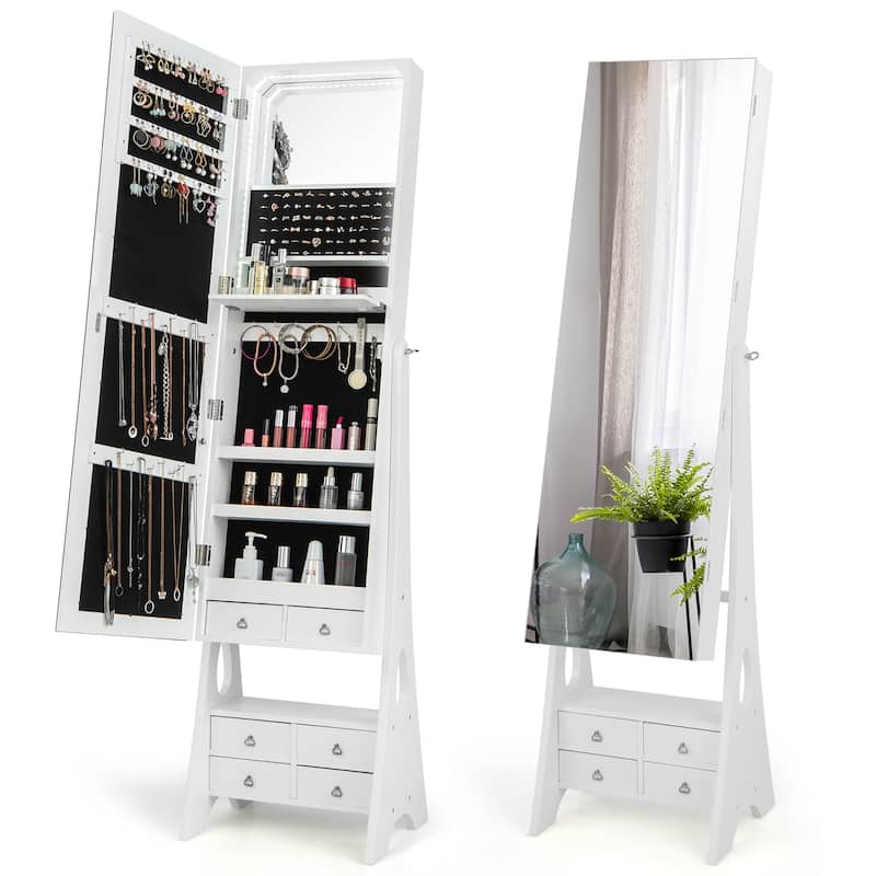Gymax Jewelry Cabinet Armoire Full Length LED Mirror w/ 6 Drawers & - White