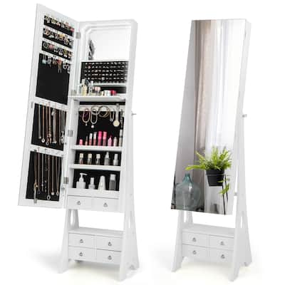 Gymax Jewelry Cabinet Armoire Full Length LED Mirror w/ 6 Drawers &