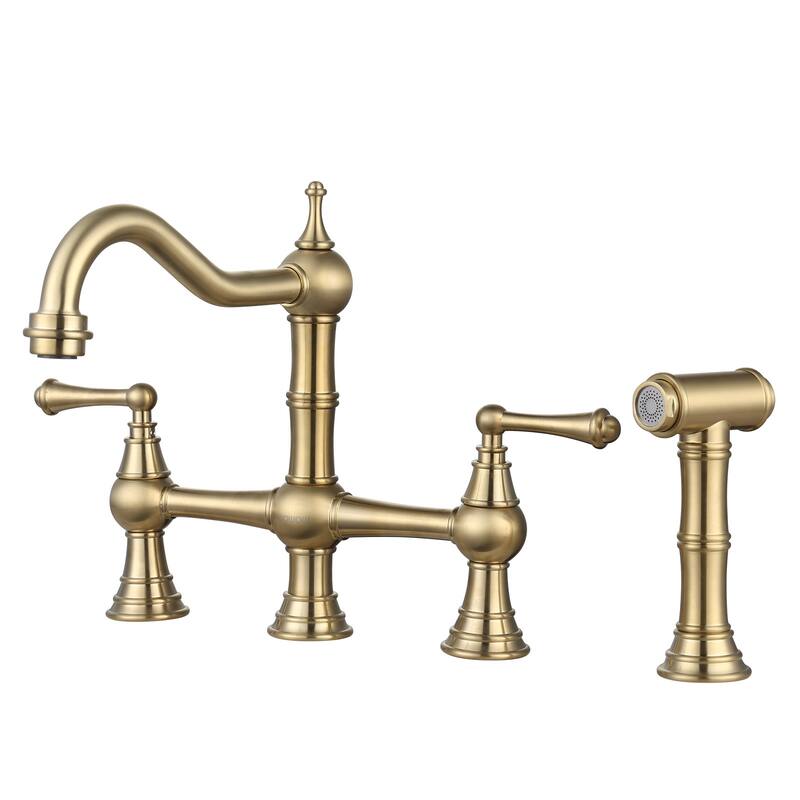 WOWOW Double Handle Bridge Kitchen Faucet with Side Sprayer - Brushed Gold