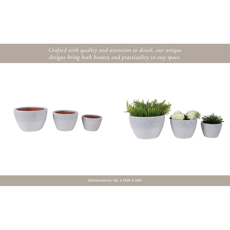 Planters Pottery Clay Modern Textured Round Design (Set of 3) - 15" x 15" x 10"