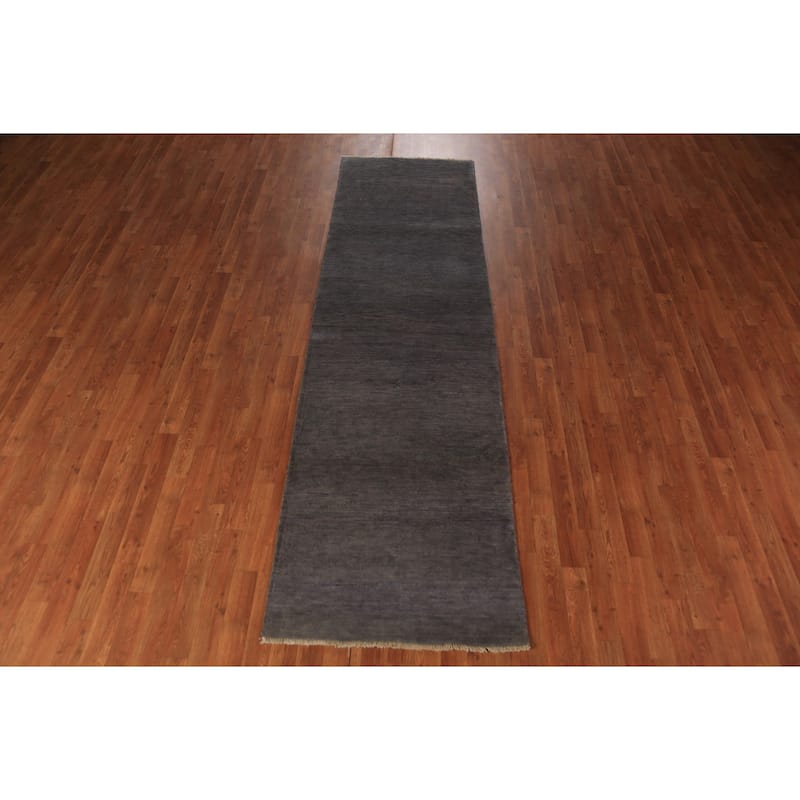 Hand Knotted Oriental 100% Wool Carpet Modern Solid Greys & Charcoal Gabbeh Runner Rug - 9' 9'' X 2' 10''