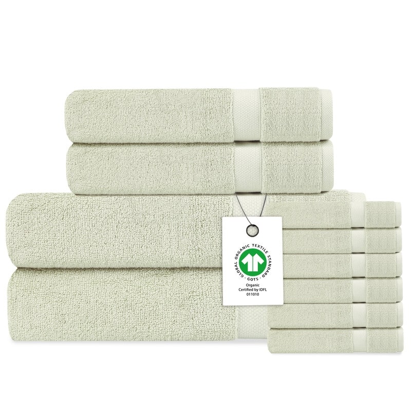 Delara Organic Cotton Luxuriously Plush Bath Towel 10 Piece Set | GOTS & OEKO-TEX Certified | 650 GSM Long Staple - Green Tint