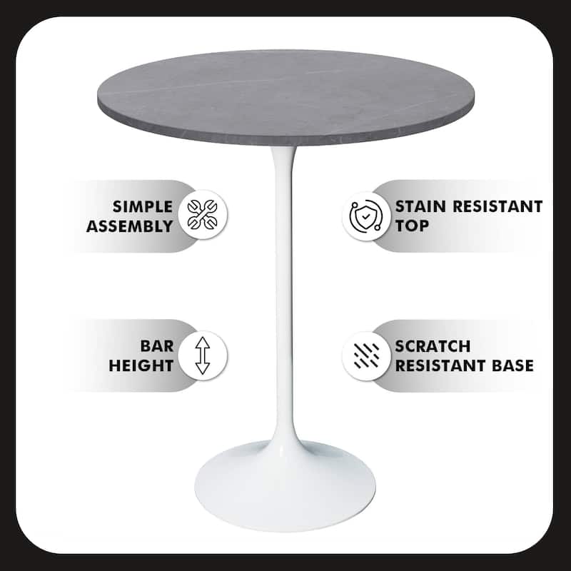 LeisureMod Verve 27" Bar Dining Table with Sintered Stone Round Top in White Steel, White Marbleized