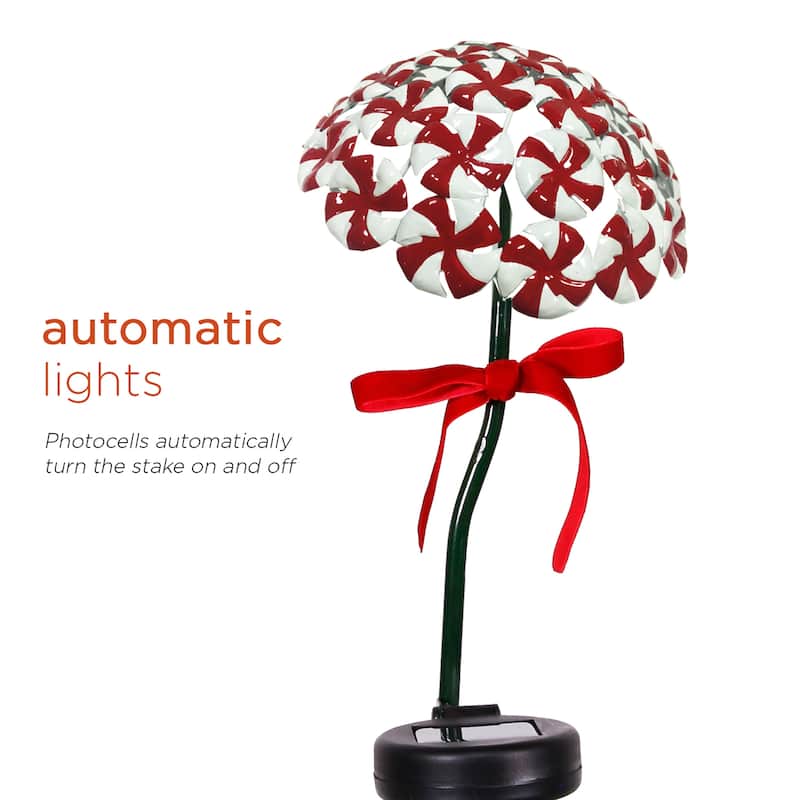 Alpine Corporation 20"H Outdoor Christmas Solar Candy Cane Lawn Stakes with LED Lights, Red/White (Set of 2) - Red