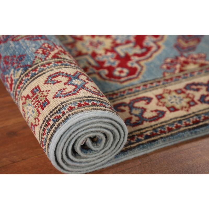 Light Blue Kazak Oriental Runner Rug Hallway Hand-Knotted Wool Carpet - 2'1" x 5'9"