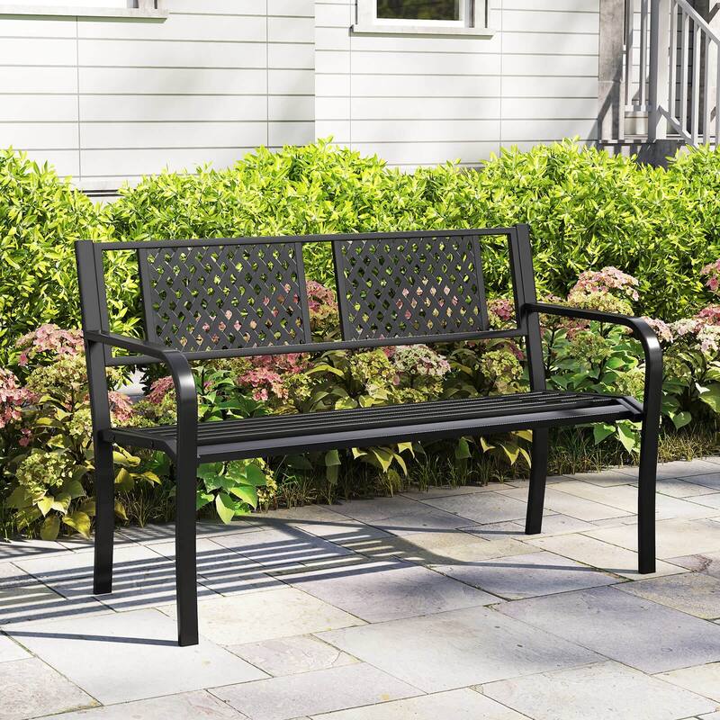 Costway Outdoor Bench 50 Inches Garden Bench with Patterned Backrest - Black