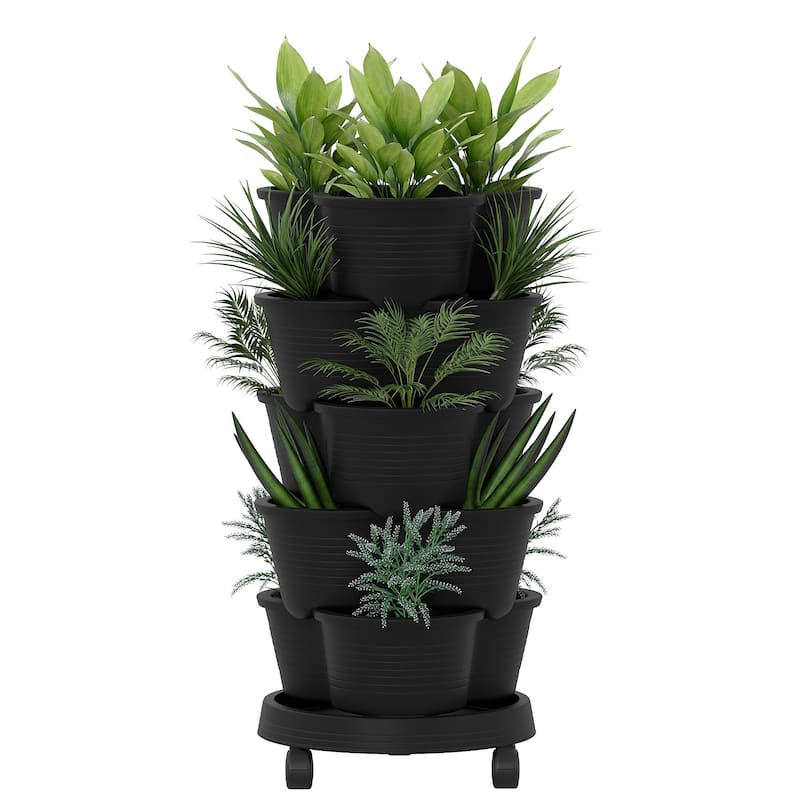 Vertical Strawberry Planter, 5 Tier Hanging Vertical Gardening Planter, Stackable Garden Tower Pot for Strawberries, Flowers - Black