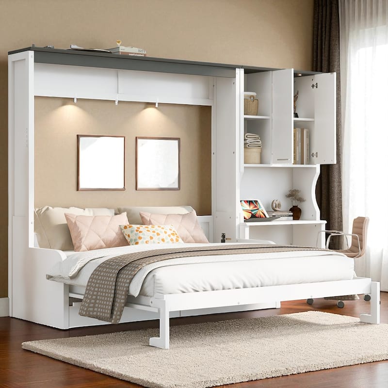 Full/Queen Murphy Bed with Sofa, Desk, and Storage Cabinet - Space-Saving Foldable Wall Bed Design