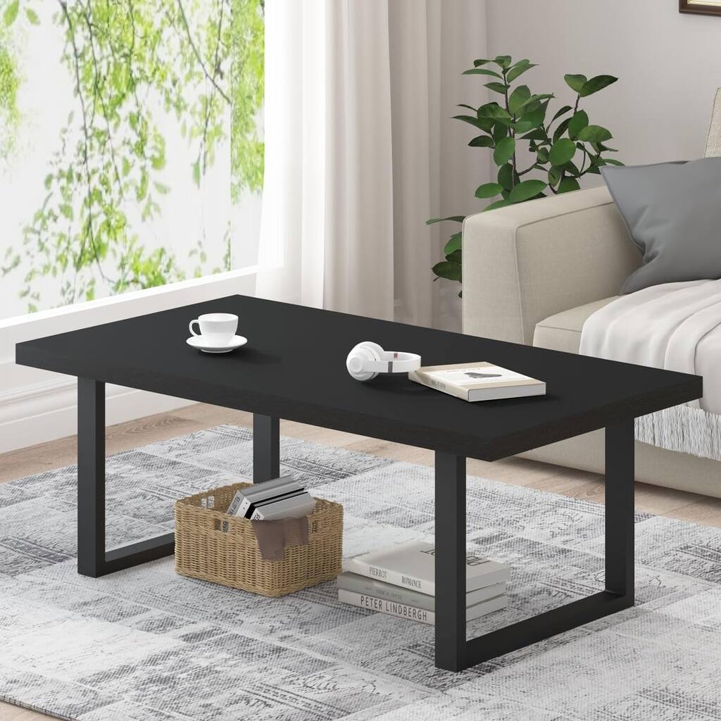 Modern Black Coffee Table, Wooden Center Table, Rectangle Living Room Table, Wood and Metal Cocktail for Home Black Oak, 47 Inch