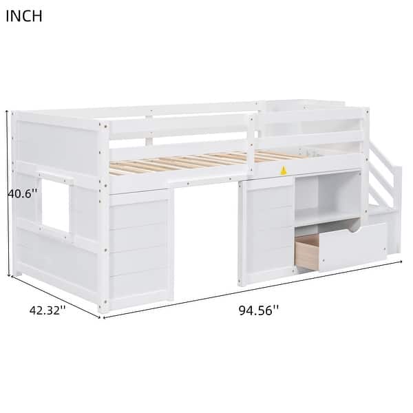 dimension image slide 1 of 2, Nestfair TWIN BED, SOLID WOOD TWIN SIZE LOW LOFT BED WITH STAIR and DRAWER
