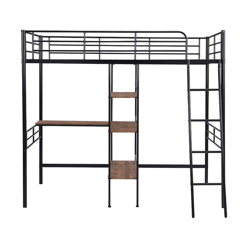 Merax Twin Size Metal Loft Bed with Built-in Desk and Shelves