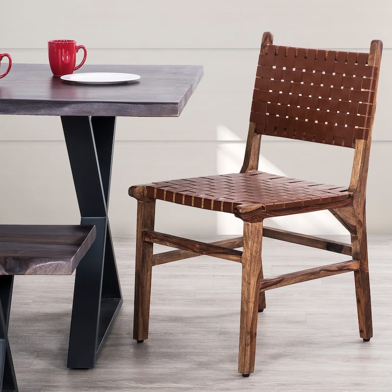 Orson Solid Wood Dining Chair with Brown Woven Leather Back/Seat (set of 2)