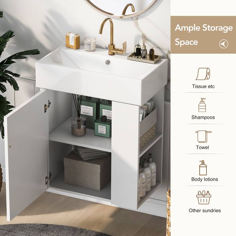 21.6" White Floating Bathroom Vanity - Space-Saving Wall-Mounted Sink Cabinet with Side Storage & Soft-Close Door