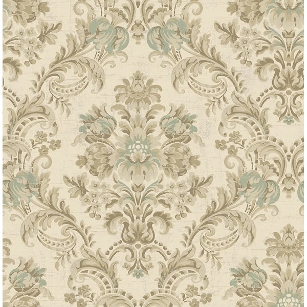 slide 2 of 6, Seabrook Designs Berit Floral Damask Unpasted Wallpaper 20.5 in. W x 33 ft. L - Metallic Tan & Dusty Blue