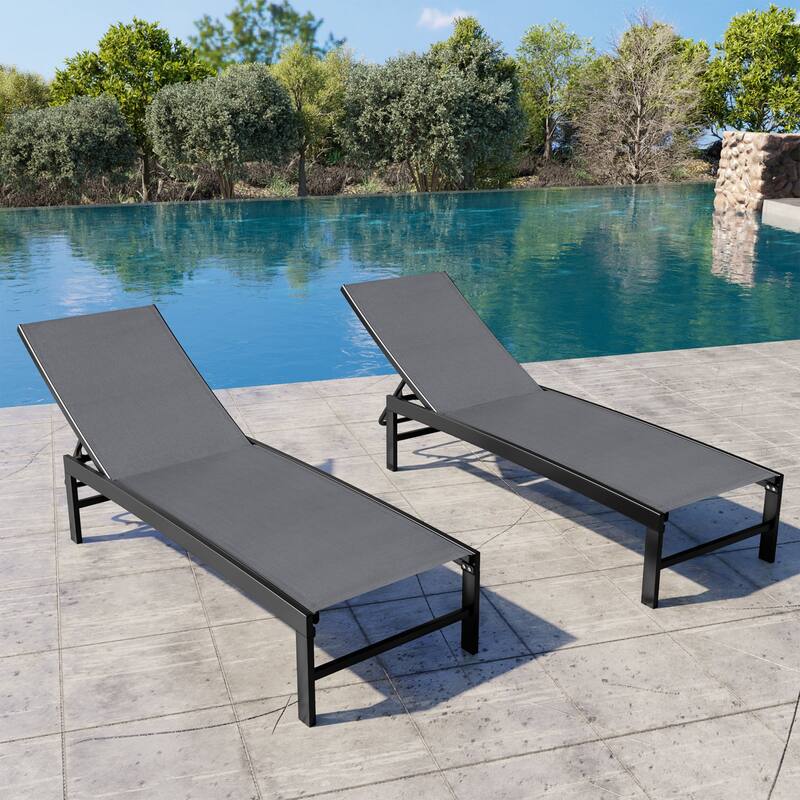 Outdoor Adjustable Aluminum Chaise Lounge Chairs for Patio Pool Terrace - See Picture - Black Steel Frame, Dark Gray Fabric