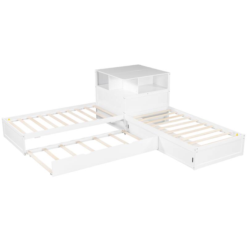 Twin Size L-Shaped Platform Bed with Trundle & Storage Cabinets by Harper&Bright Designs