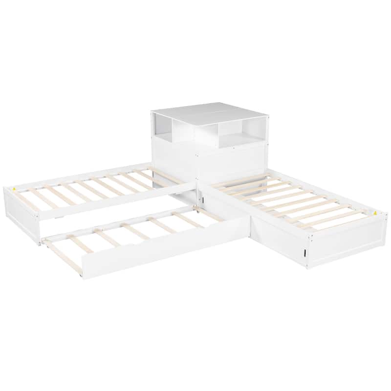 Twin Size L-shaped Bed Frame with Trundle Bed and Storage Cabinets, Desk, Lighting, Corner Platform Storage Bed Frame