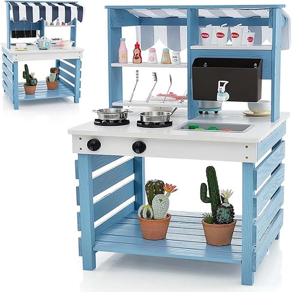 slide 2 of 6, 2-In-1 Wooden Mud Kitchen w/ Canopy Removable Sink Water Box Faucet Blue + White